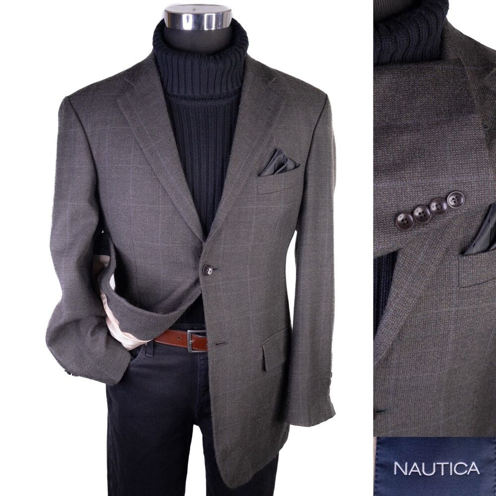 Nautica Mens Sport Coat Blazer Jacket Size 40R Multi-Color Check Two Button Wool